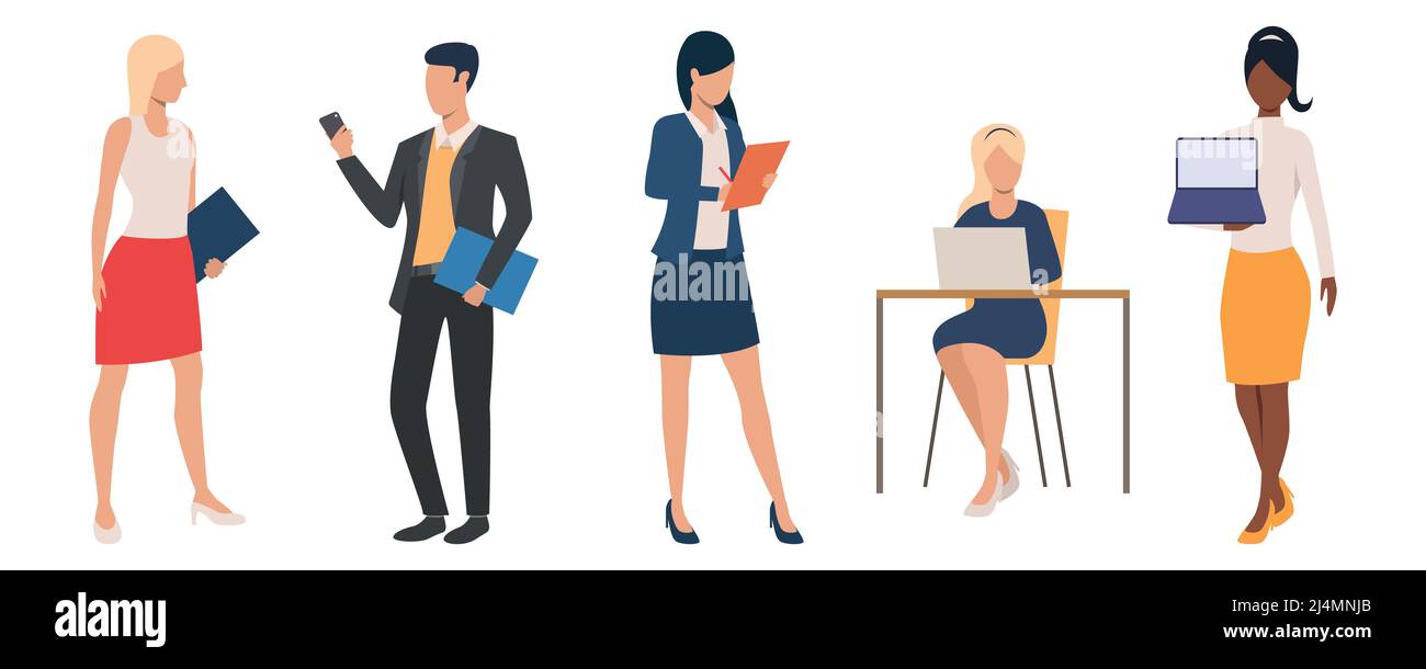 Ensemble d'hommes et de femmes portant des vêtements de travail. Personnages de dessins animés communiquant au bureau. L'illustration vectorielle peut être utilisée pour la présentation, la publicité Illustration de Vecteur