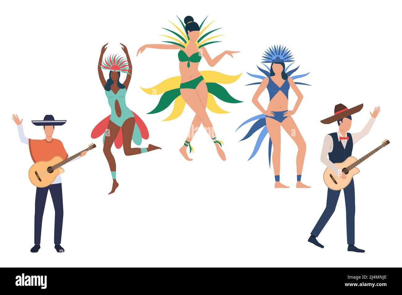 Collection des participants au festival de Rio de Janeiro. Groupe de danseurs au carnaval brésilien annuel. Illustration vectorielle pour bannière, commerciale, présente Illustration de Vecteur