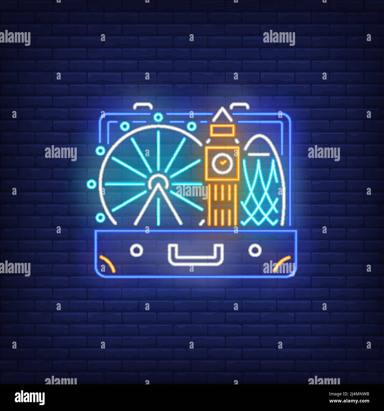 Big Ben, London Eye dans une valise ouverte enseigne au néon. Tourisme, vacances, conception de voyage. Panneau néons lumineux de nuit, panneau d'affichage coloré, bannière lumineuse. Vecteur Ill Illustration de Vecteur