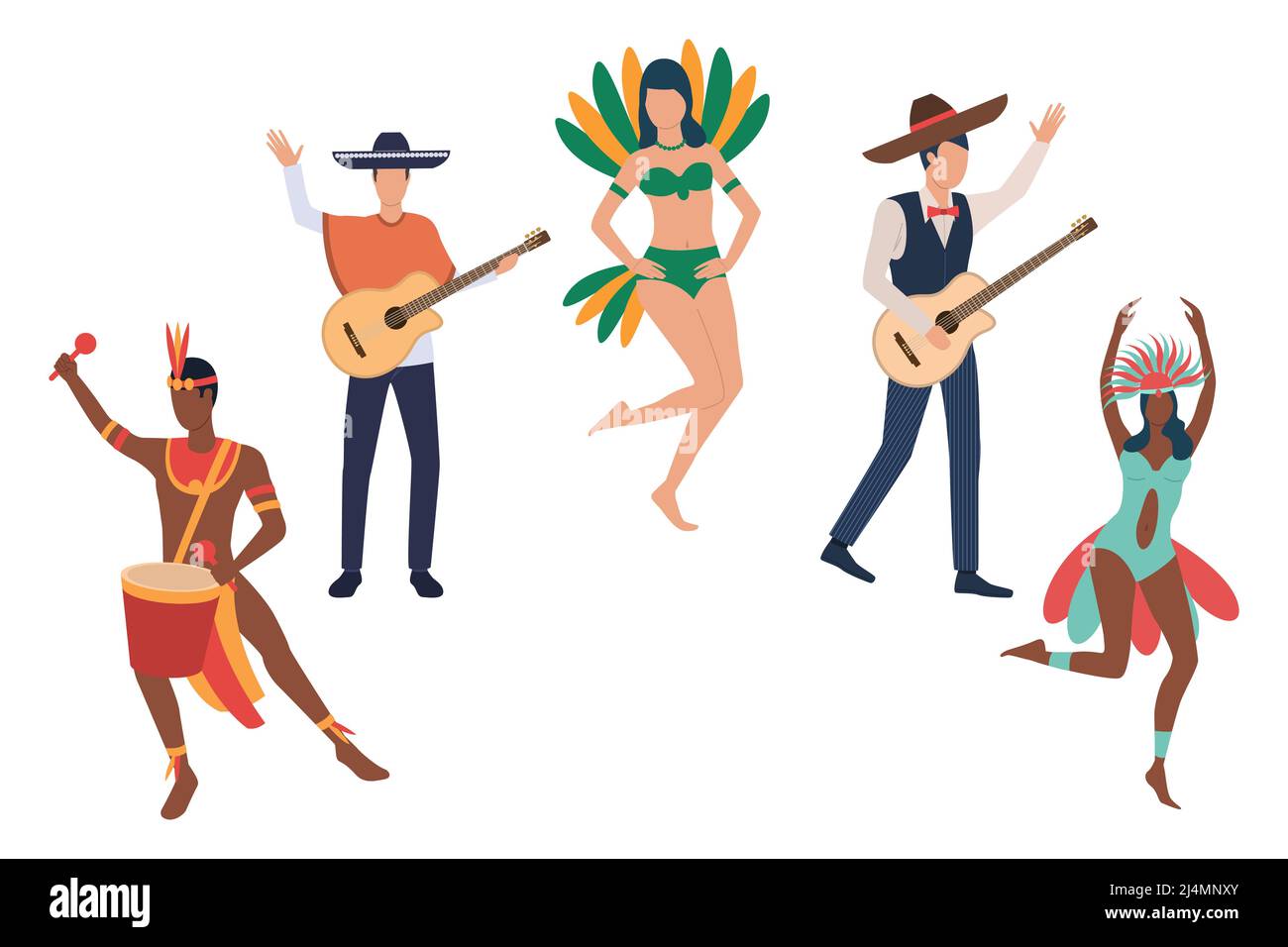 Collection de musiciens au carnaval brésilien. Des hommes et des femmes heureux dans les costumes traditionnels à la traditionnelle célébration annuelle. Illustration vectorielle pour Illustration de Vecteur
