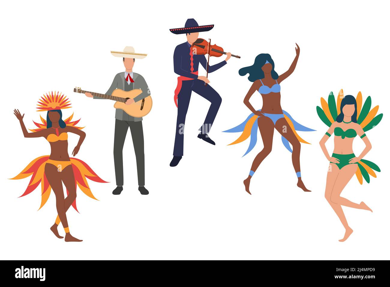 Collection de participants au carnaval du Brésil. Groupe d'hommes et de femmes dansant et jouant des guitares au festival. Illustration vectorielle pour projet, poster, a Illustration de Vecteur