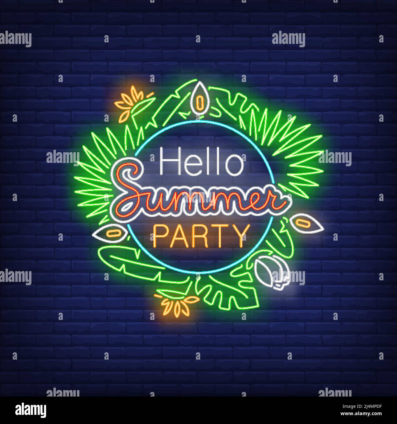 Bonjour Summer Party Neon texte avec des feuilles de plantes exotiques. Resort, tourisme, conception de vacances. Panneau néons lumineux de nuit, panneau d'affichage coloré, bannière lumineuse. Ven Illustration de Vecteur