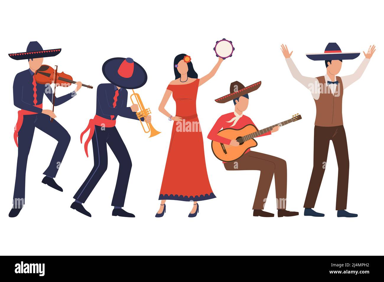 Ensemble de musiciens mexicains. Hommes dans les instruments de jeu de sombreros, femme dansant avec le tambourin. Afficher le concept. L'illustration vectorielle peut être utilisée pour la rubrique Illustration de Vecteur