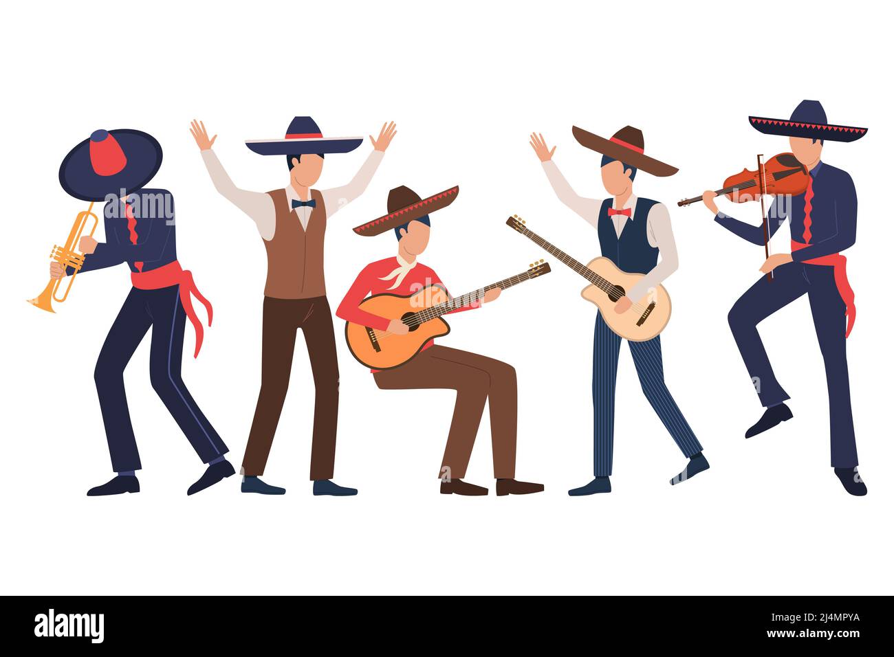 Ensemble de musiciens mexicains de sexe masculin. Hommes dans des sombreros jouant des instruments de musique et chantant. Afficher le concept. L'illustration vectorielle peut être utilisée pour des sujets tels que Illustration de Vecteur