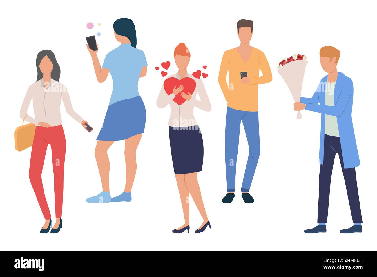 Ensemble de personnes en attente. Jeunes hommes et femmes debout, utilisant un smartphone, tenant un bouquet de fleurs ou coeur rouge. Concept de personnes. L'illustration vectorielle peut le faire Illustration de Vecteur
