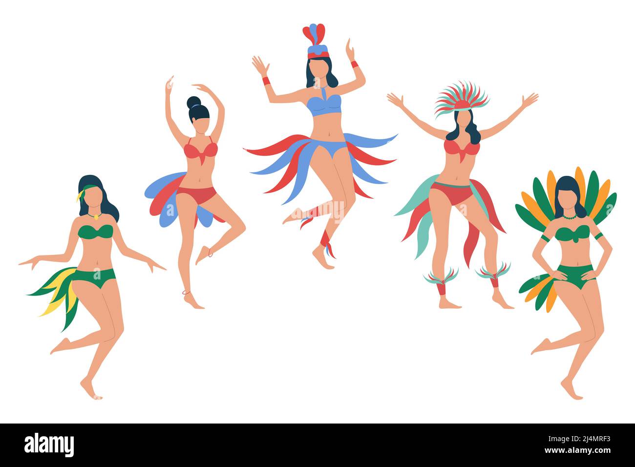 Ensemble de femmes en costumes de bikini de plumes. Groupe de femmes brésiliennes heureuses dansant au carnaval. Illustration vectorielle pour commercial, présentation, bannière Illustration de Vecteur