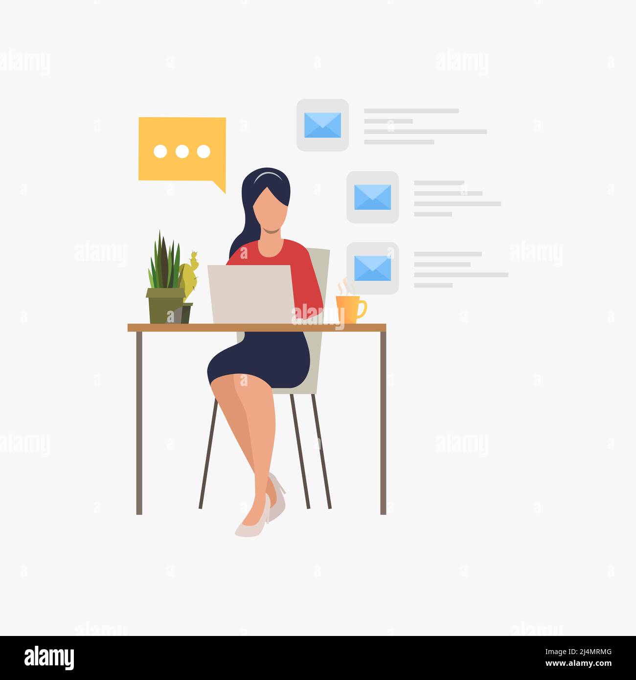 Femme d'affaires répondant à un e-mail dans l'illustration de vecteur de bureau. Secrétaire, employé de bureau, communication Internet. Concept d'entreprise. Design créatif pour Illustration de Vecteur