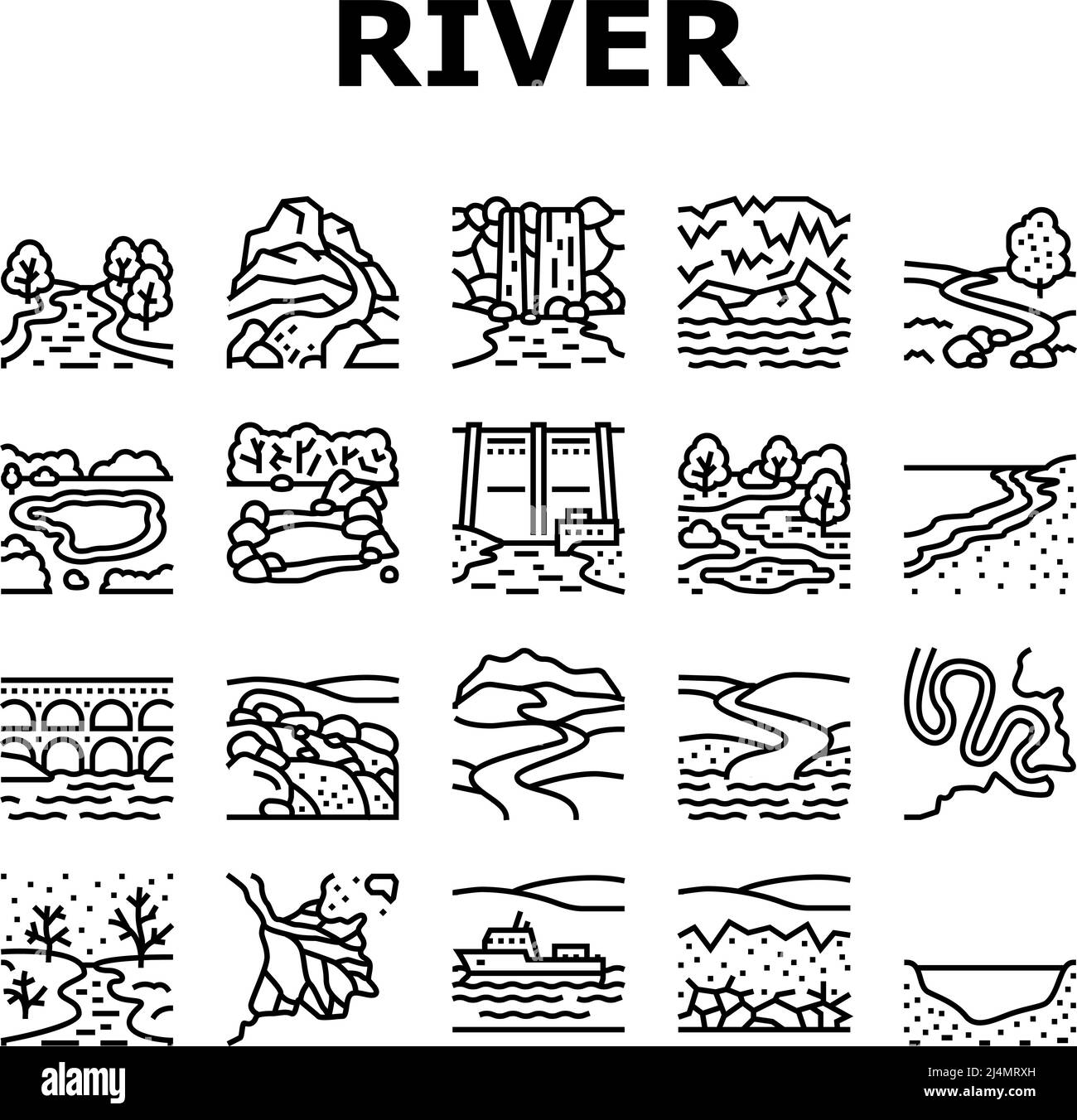 Les icônes du paysage naturel de la rivière et du lac définissent Vector Illustration de Vecteur