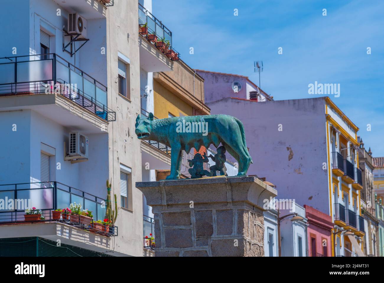 Merida, Espagne, 20 mai 2021 : statue du loup du Capitole à Merida, Espagne Banque D'Images