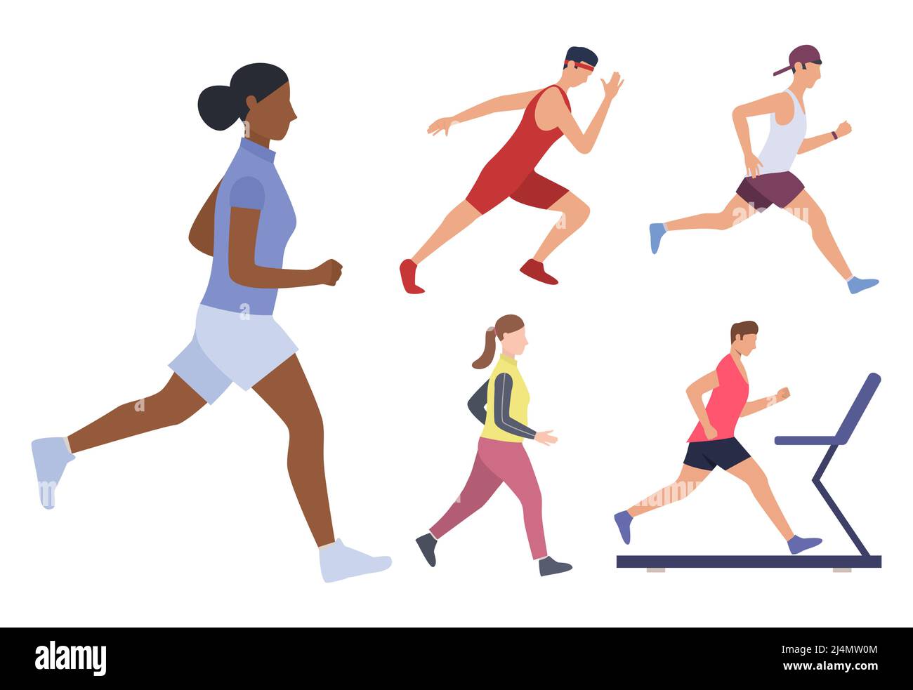 Jeu de coureurs mâles et femelles. Groupe d'hommes et de femmes qui font de la course à pied, du jogging et de l'entraînement sur tapis roulants. Concept sport. L'illustration vectorielle peut être utilisée pour Illustration de Vecteur