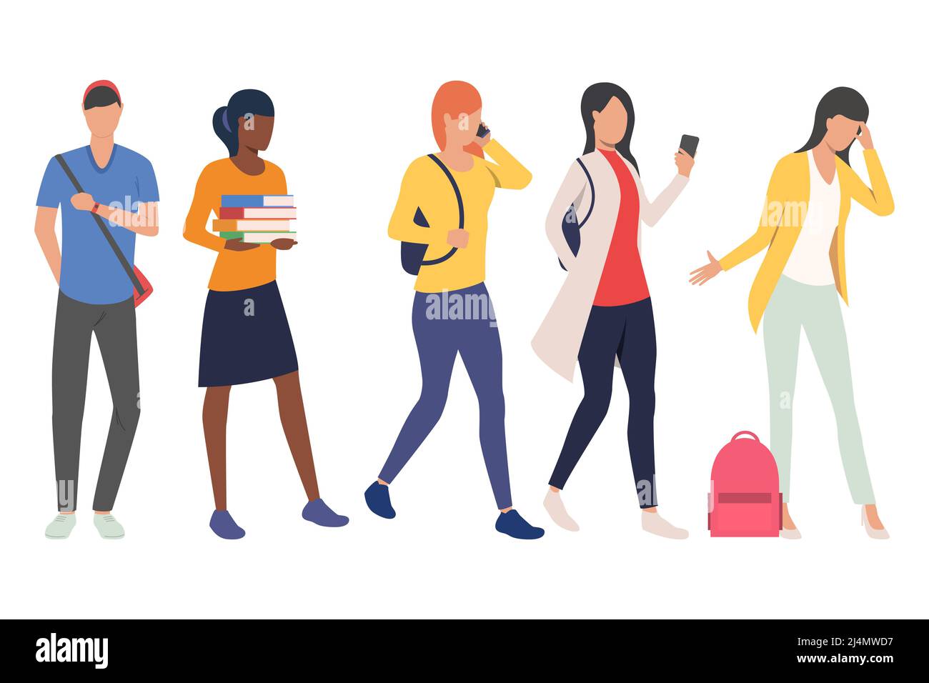 Ensemble d'élèves de sexe féminin et masculin en déplacement. Ensemble de jeunes hommes et femmes occupés avec différentes activités. L'illustration vectorielle peut être utilisée à des fins éducatives Illustration de Vecteur