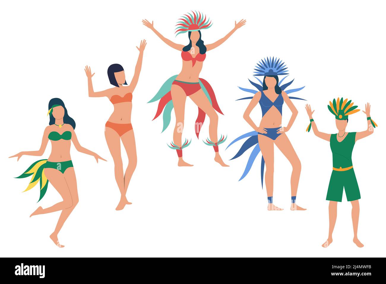Ensemble de personnes célébrant les fêtes nationales du Brésil. Personnages de dessins animés plats dansant en costumes de plumes. Illustration vectorielle pour la promotion, la publicité, Illustration de Vecteur