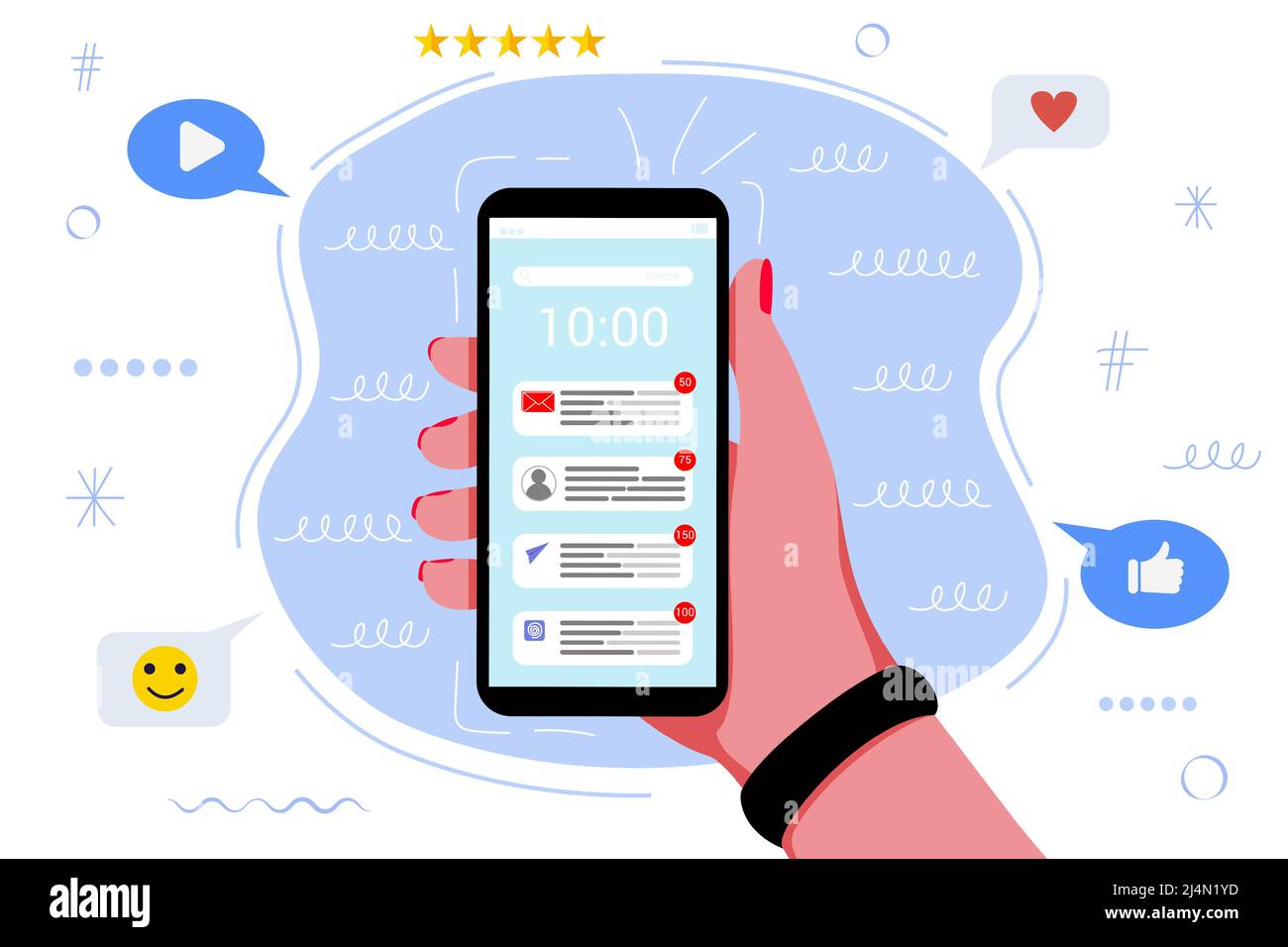 De nombreuses notifications dans le téléphone mobile distractions en ligne chaos messages Notifications technologie numérique et communication vecteur illustration conce Illustration de Vecteur