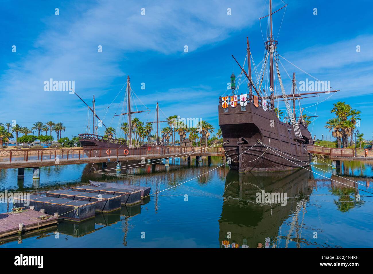 Répliques des navires de Columbus Nina, Pinta et Santa Maria à la Muelle de las Carabelas en Espagne Banque D'Images