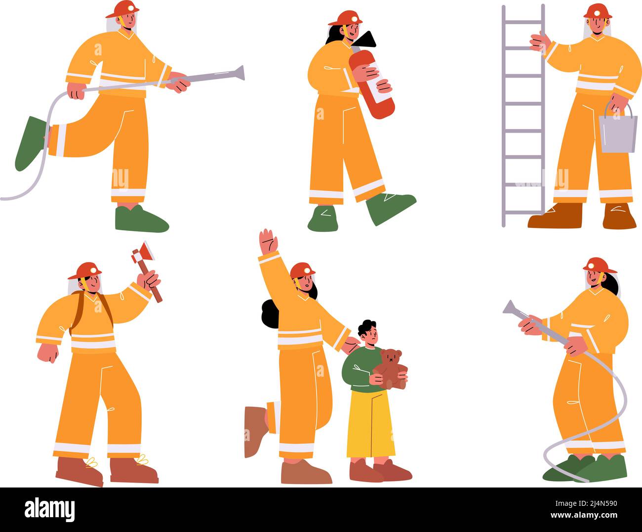 Jeu de personnages mâles et femelles de pompiers dans une échelle de maintien uniforme, un tuyau d'eau, des seaux et une hache. Groupe d'pompiers travaillant, luttant avec b Illustration de Vecteur