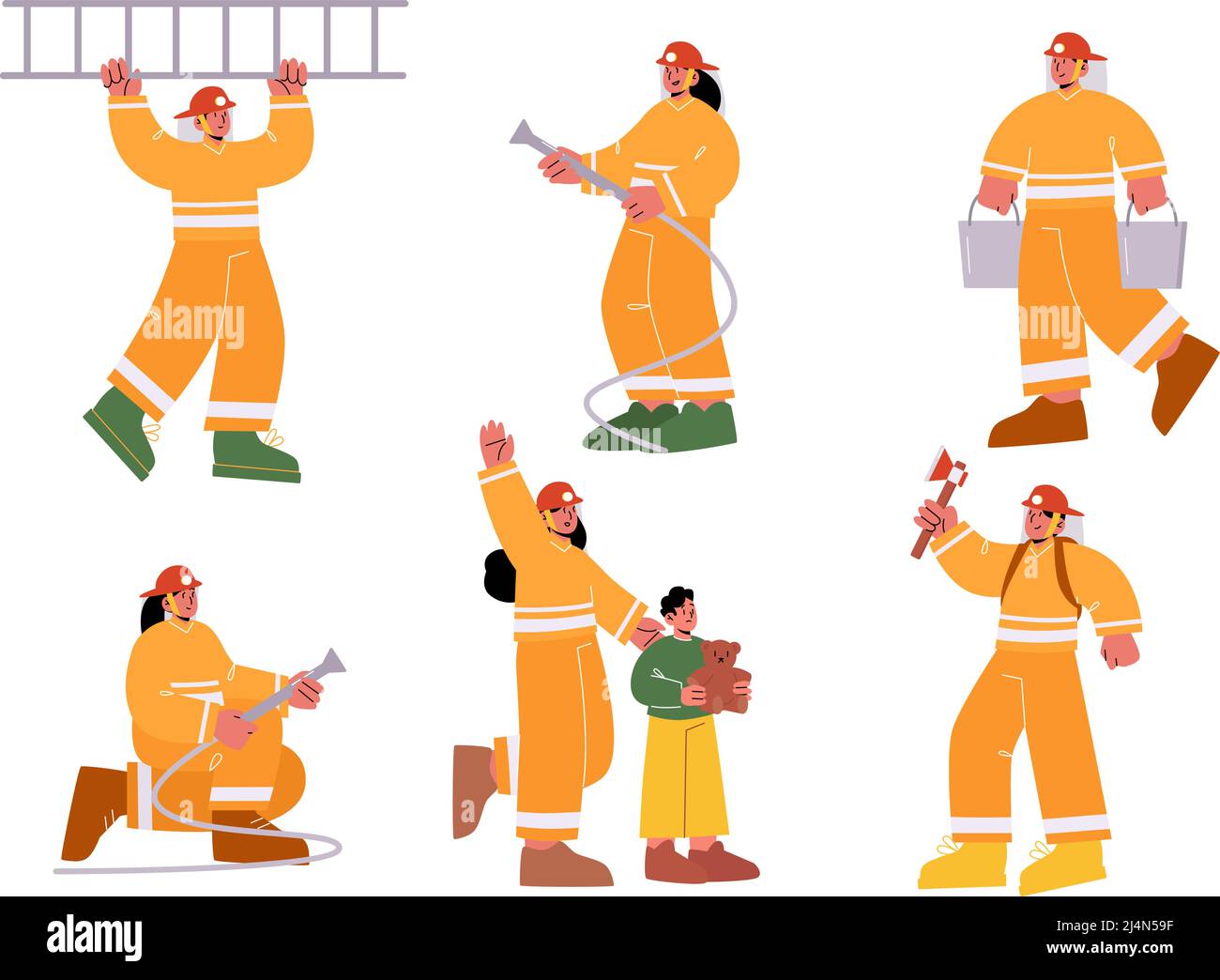 Jeu de personnages mâles et femelles de pompiers dans une échelle de maintien uniforme, un tuyau d'eau, des seaux et une hache. Groupe d'pompiers travaillant, luttant avec b Illustration de Vecteur