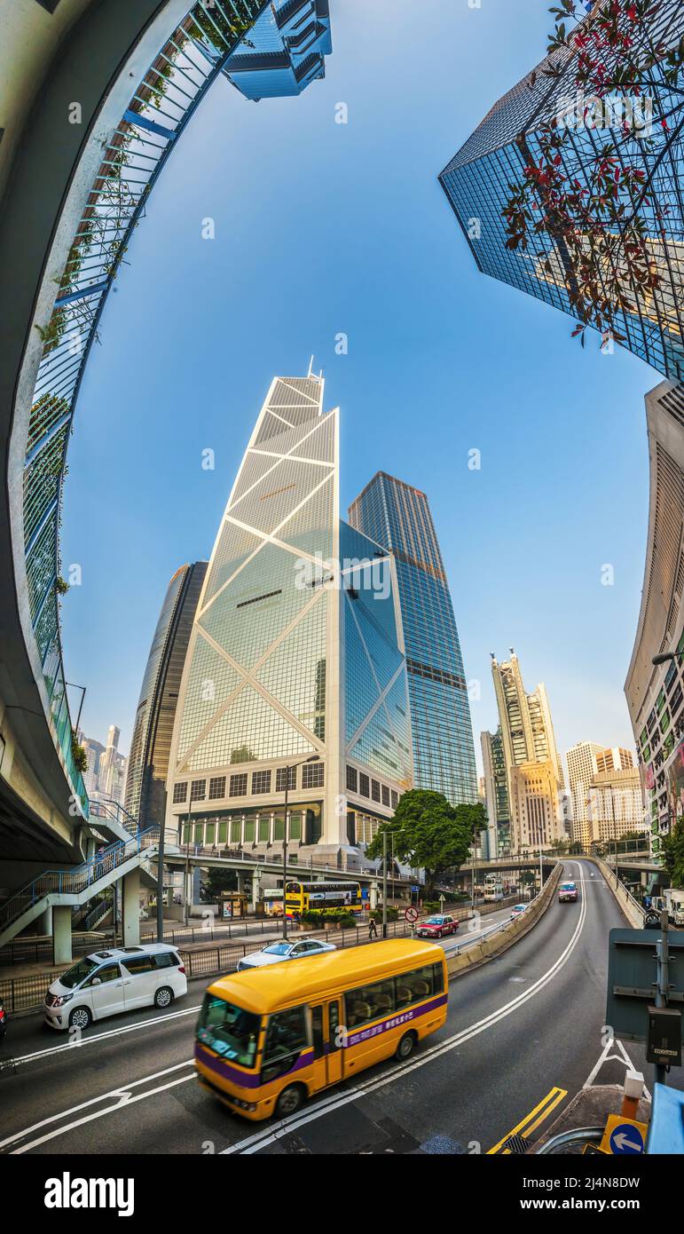 Panorama vertical de la Tour de la Banque de Chine et des bâtiments voisins, Hong Kong, Chine Banque D'Images