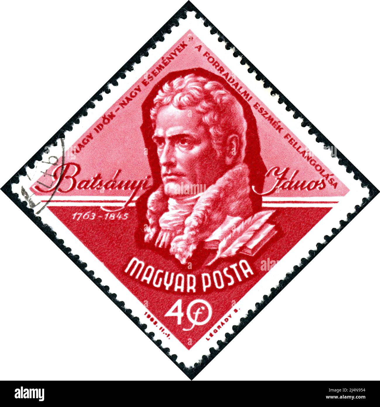 HONGRIE - VERS 1963 : timbre imprimé en Hongrie, représentant un portrait d'un poète hongrois Janos Batsanyi, vers 1963 Banque D'Images