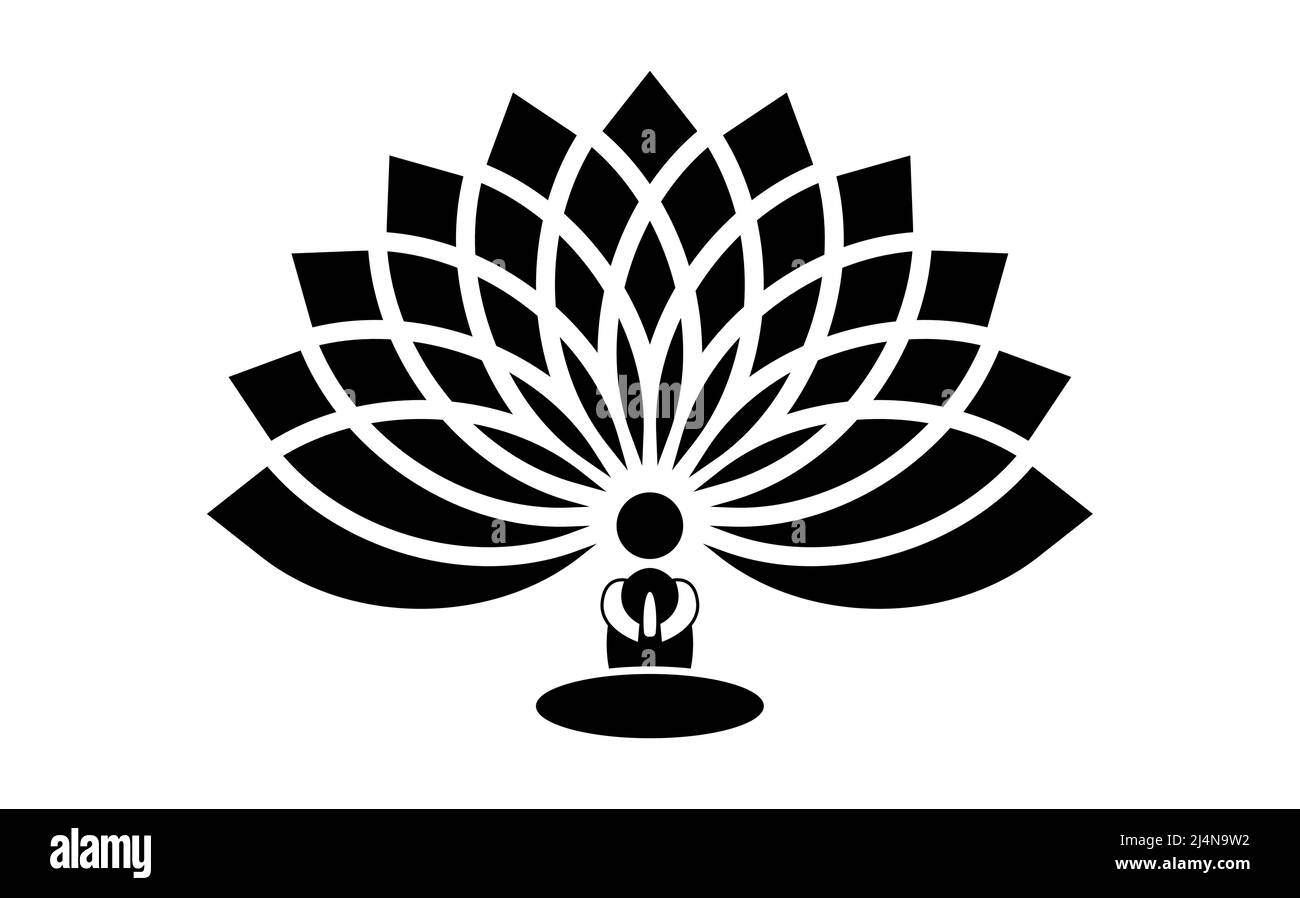 Silhouette de l'homme assis sur un fond de fleur de lotus, Fleur of Life. Géométrie sacrée. Symbole de l'harmonie et de l'équilibre. Signe de pureté. Septième Chakra Illustration de Vecteur