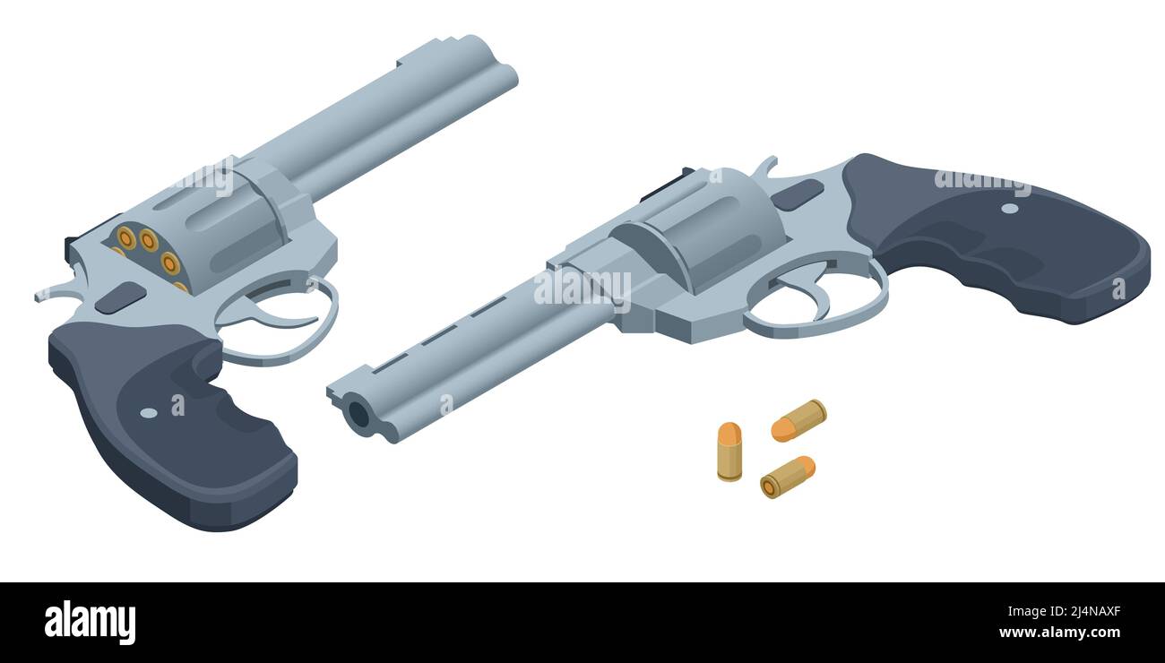 Jeu isométrique revolvers armes à feu. Revolver pistolet isolé sur fond blanc. Illustration de Vecteur