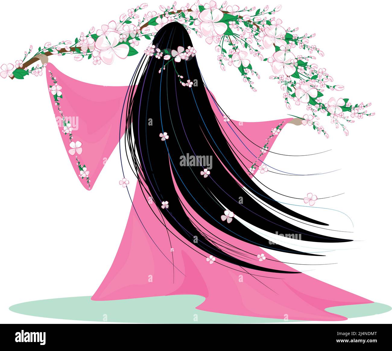 Dame Sakura magique. Une magnifique déesse de cerisiers en fleurs, crée avec magie une branche de cerisiers en fleurs. Les cerisiers en fleurs fleurissent dans ses mains. CHA Illustration de Vecteur