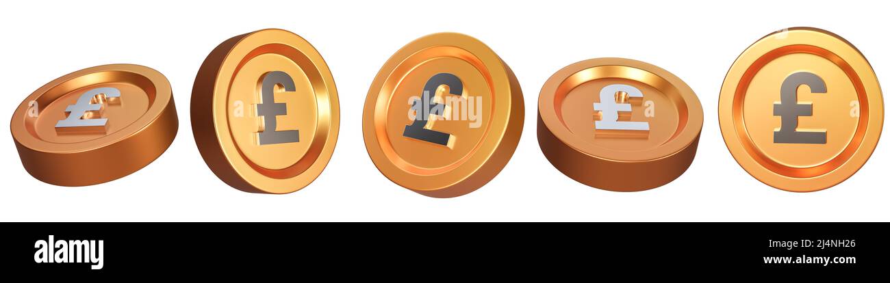 Ensemble de pièces de livre doré isolées sur fond blanc. Icône du symbole Golden Pound Sterling coins. 3d rendu. Banque D'Images