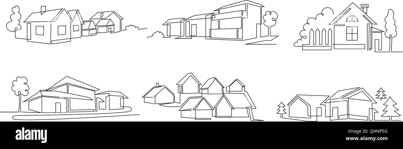 Une ligne abrite. Maison de vacances, zone suburbaine et main dwawn logement marché image de marque vecteur ensemble Illustration de Vecteur