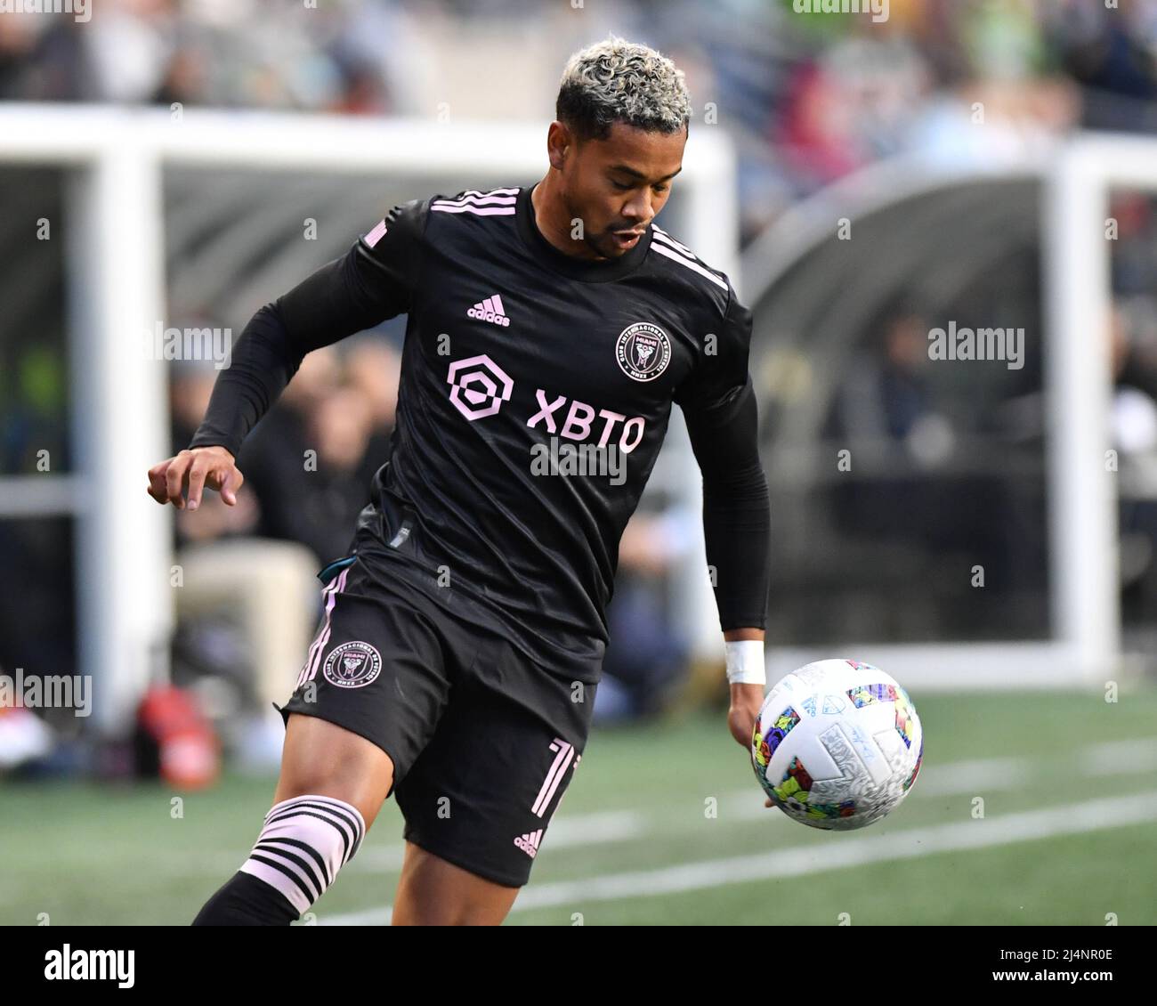 Seattle, WA, États-Unis. 16th avril 2022. Ariel Lassiter, attaquant d'Inter Miami, lors du match de football MLS entre Inter Miami et Seattle Sounders FC au Lumen Field à Seattle, WA. Inter Miami défait les sirènes FC 1-0. Steve Faber/CSM/Alamy Live News Banque D'Images