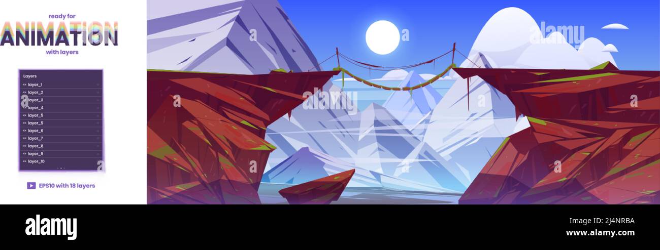Paysage de montagne avec pont suspendu entre les falaises. Fond de parallaxe vectoriel prêt pour l'animation 2D avec illustration de dessins animés de roches blanches a Illustration de Vecteur