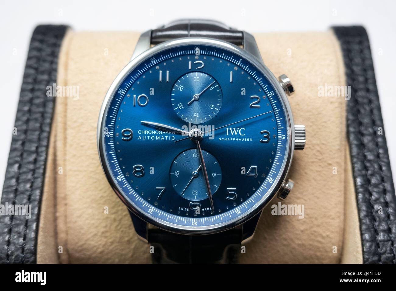 IWC Portugieser chronographe cadran bleu, montre de luxe suisse Banque D'Images