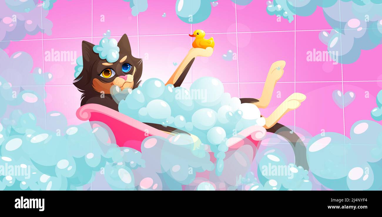 Laver le chat dans la baignoire dans un salon de toilettage pour animaux. Illustration de dessin animé vectoriel de chaton avec hétérochromie prenant bain avec mousse de savon et canard. Spa pour dômes Illustration de Vecteur