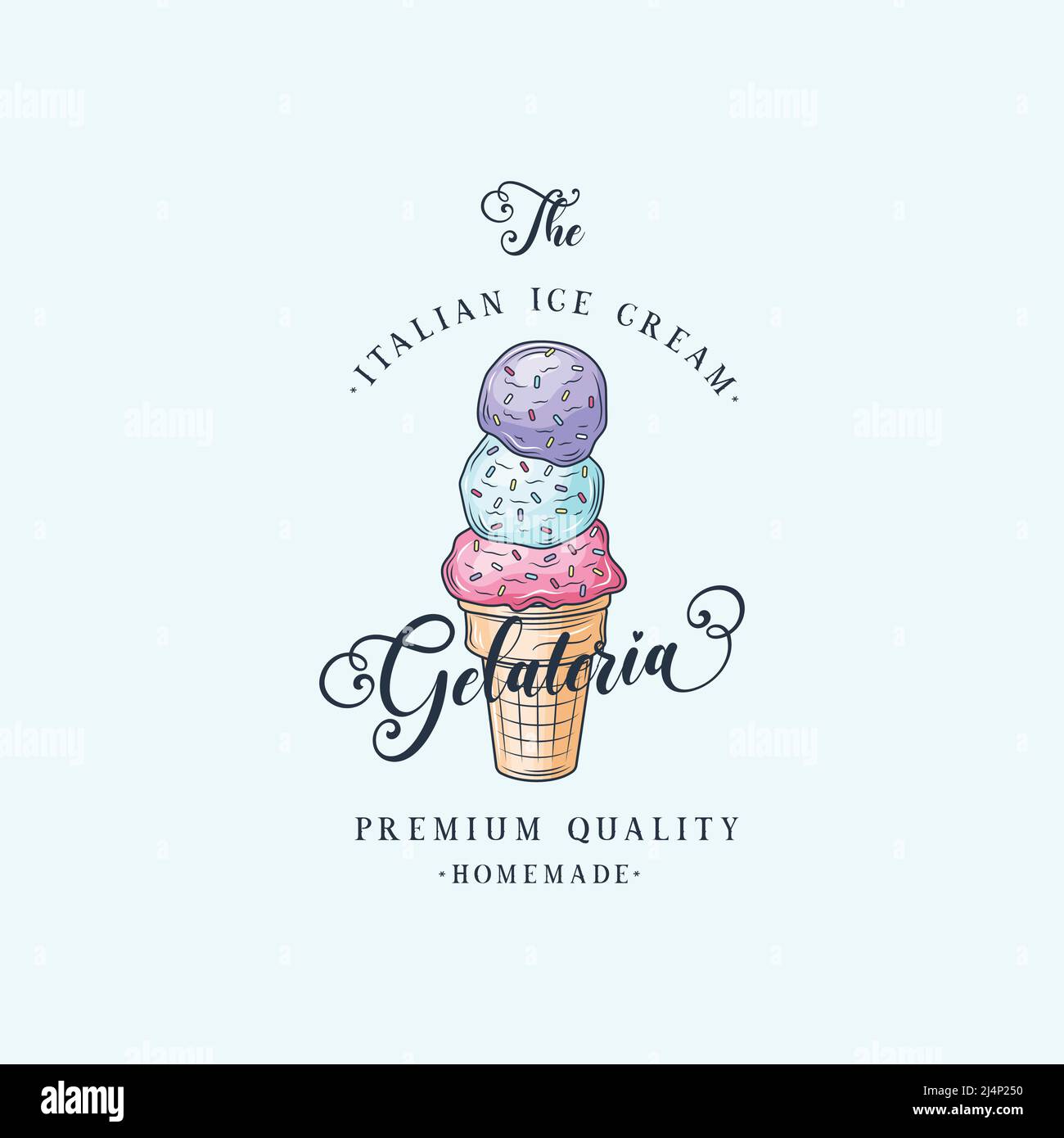 Logo crème glacée. Emblème de glace italienne. Glace dans un cône gaufré avec des lettres. Illustration de Vecteur