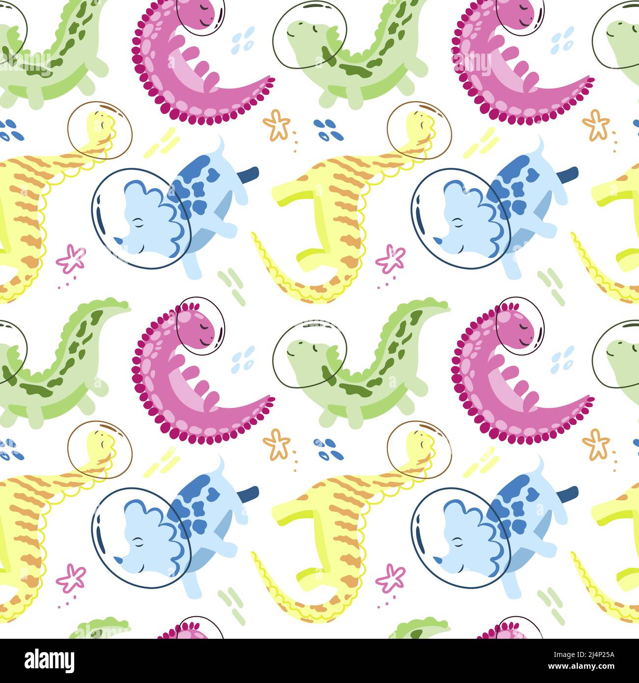 Dessin sans couture de jolis astronautes de dinosaures sur fond blanc. Vecteur de style dessin animé. Astronaute de dinosaures avec des planètes, des comètes et des étoiles autour. C Illustration de Vecteur