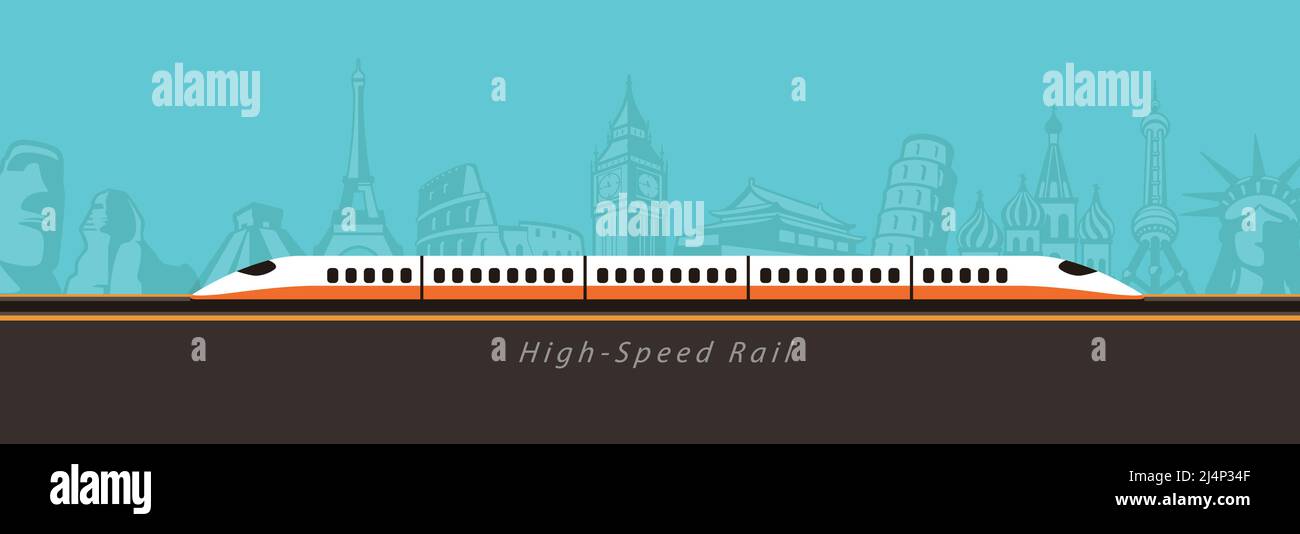 Train à grande vitesse à grande vitesse, design moderne et plat, arrière-plan sont les points de repère du monde Illustration de Vecteur