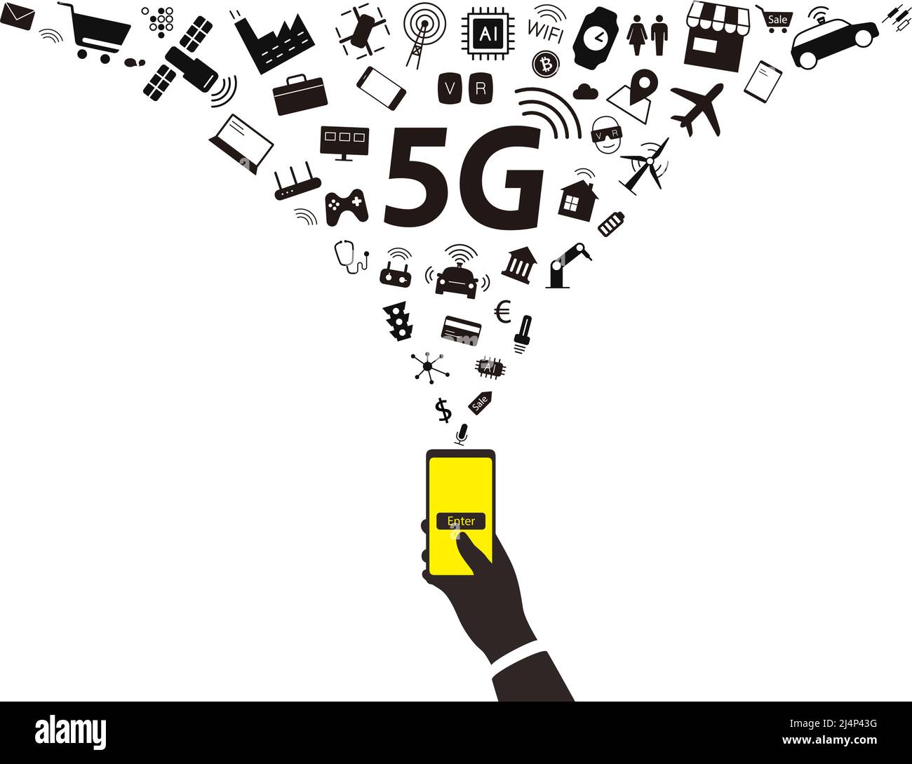 5G concept à l'avenir, main tenant smartphone, utilisant la technologie 5g, shopping en ligne, illustration vectorielle Illustration de Vecteur