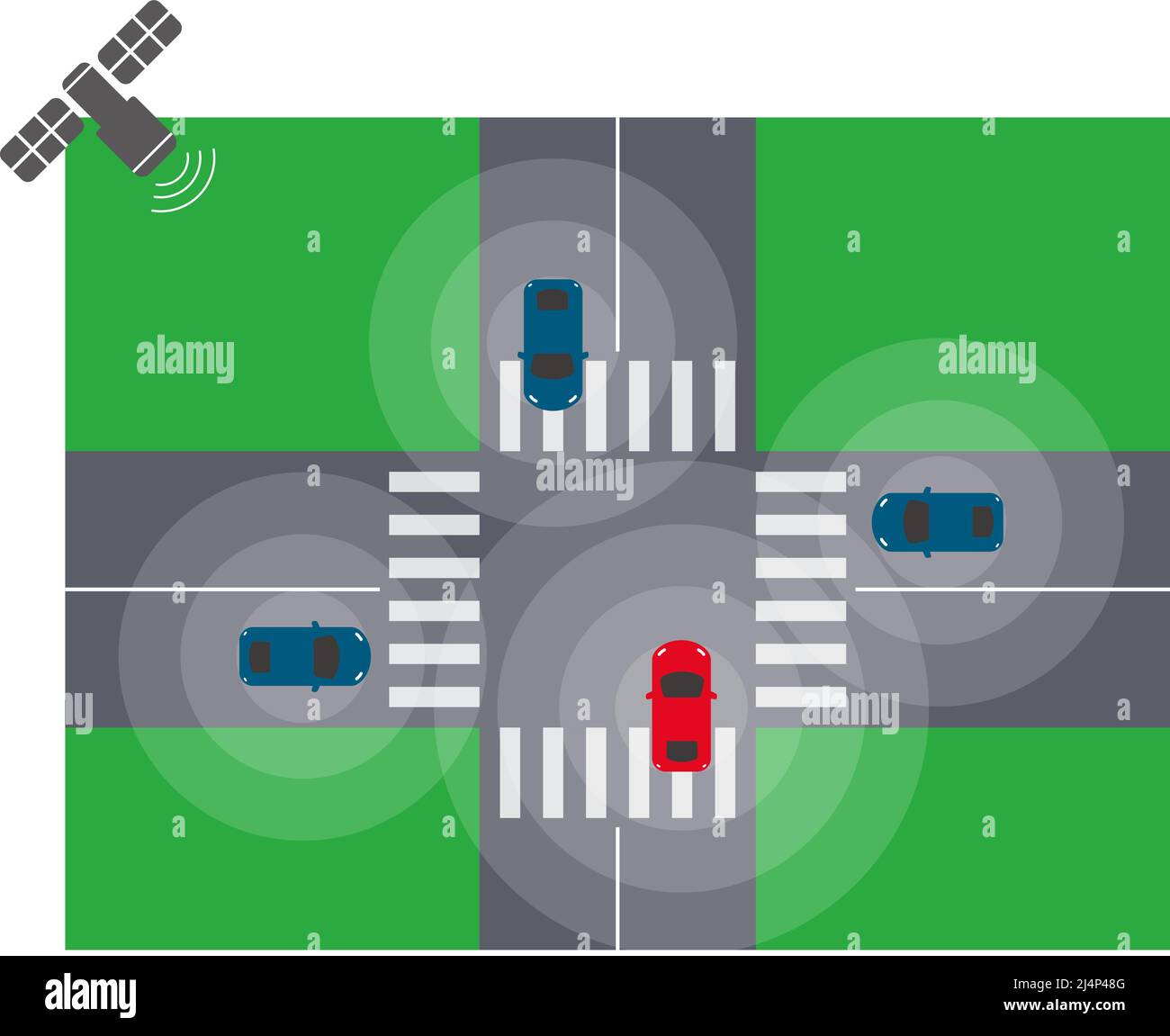 Voiture autonome avec satellite; vue de dessus. Véhicule à conduite automatique. Illustration de Vecteur