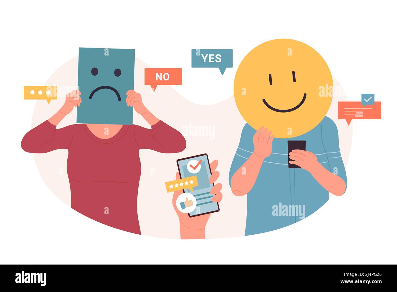 Commentaires négatifs et positifs des clients. Bande dessinée vote de communauté, deux personnes tenant drôle triste fâché et heureux smiley visages en main, oui pas de texte illustration vectorielle plate. Satisfaction, concept de réseau Illustration de Vecteur