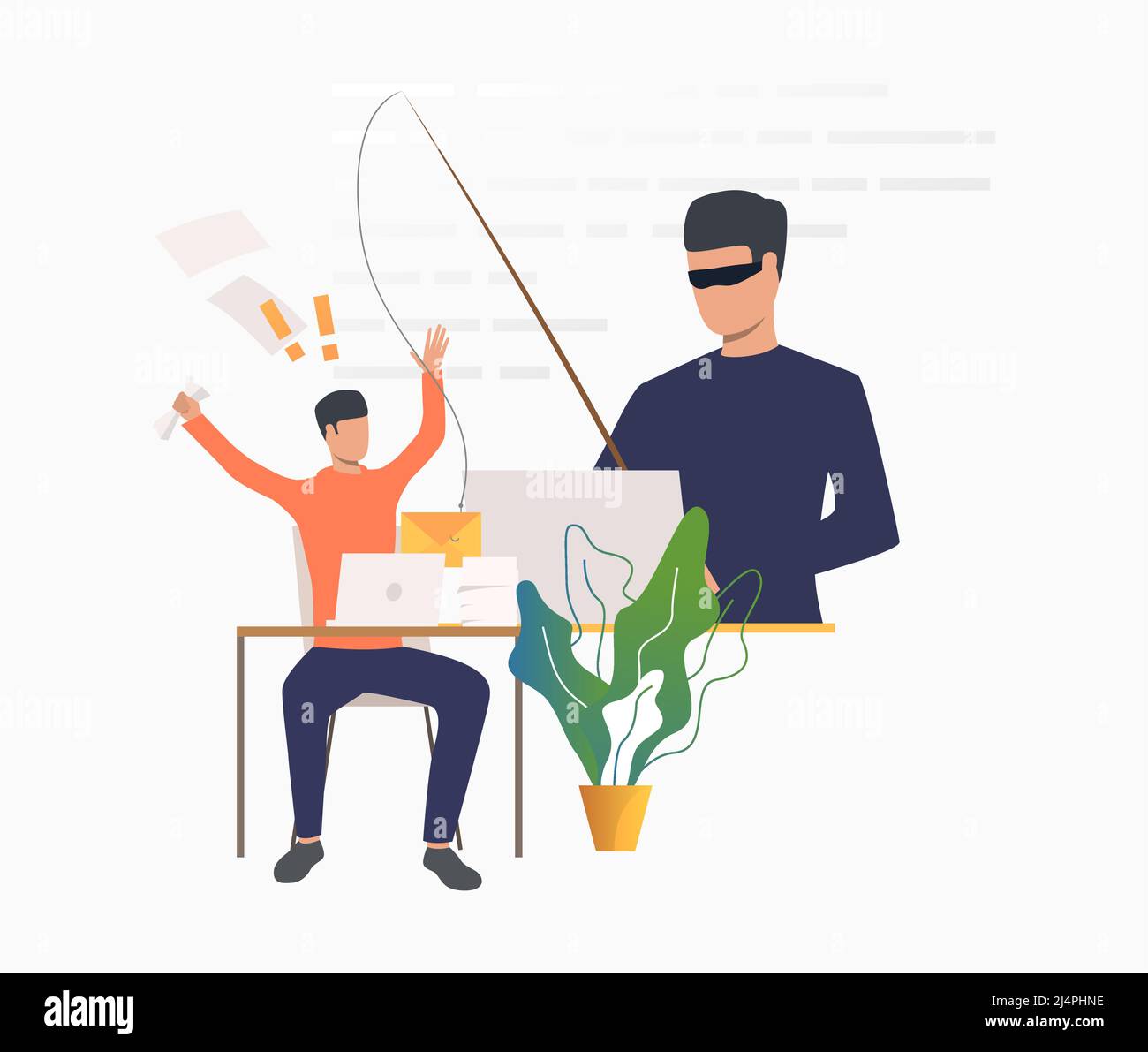 Cambriolage dans le serveur de messagerie de bureau. Hacker tenant un matériel de pêche avec une lettre accrochée de l'employé. Concept de cybercriminalité. L'illustration vectorielle peut être Illustration de Vecteur