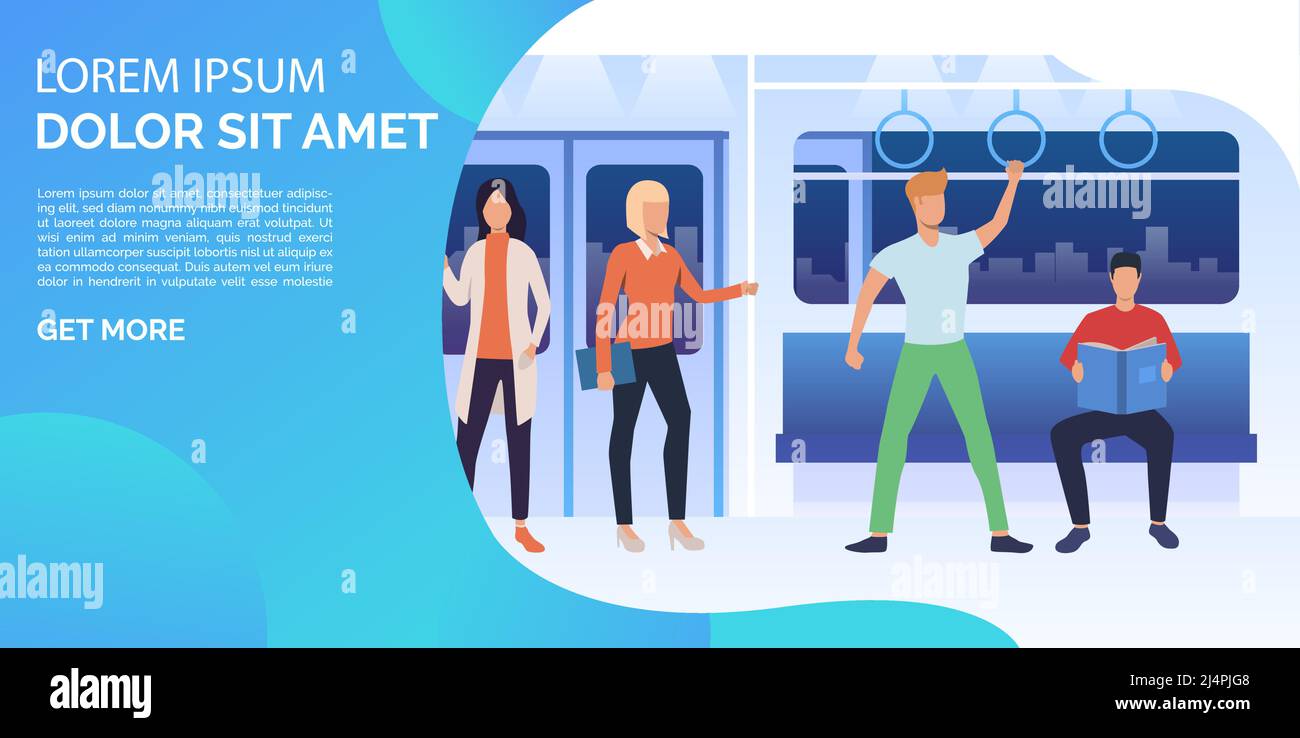 Hommes et femmes assis, debout et lisant dans le métro. Passagers, navetteurs, métro. Concept de transport public. L'illustration vectorielle peut être utilisée f Illustration de Vecteur