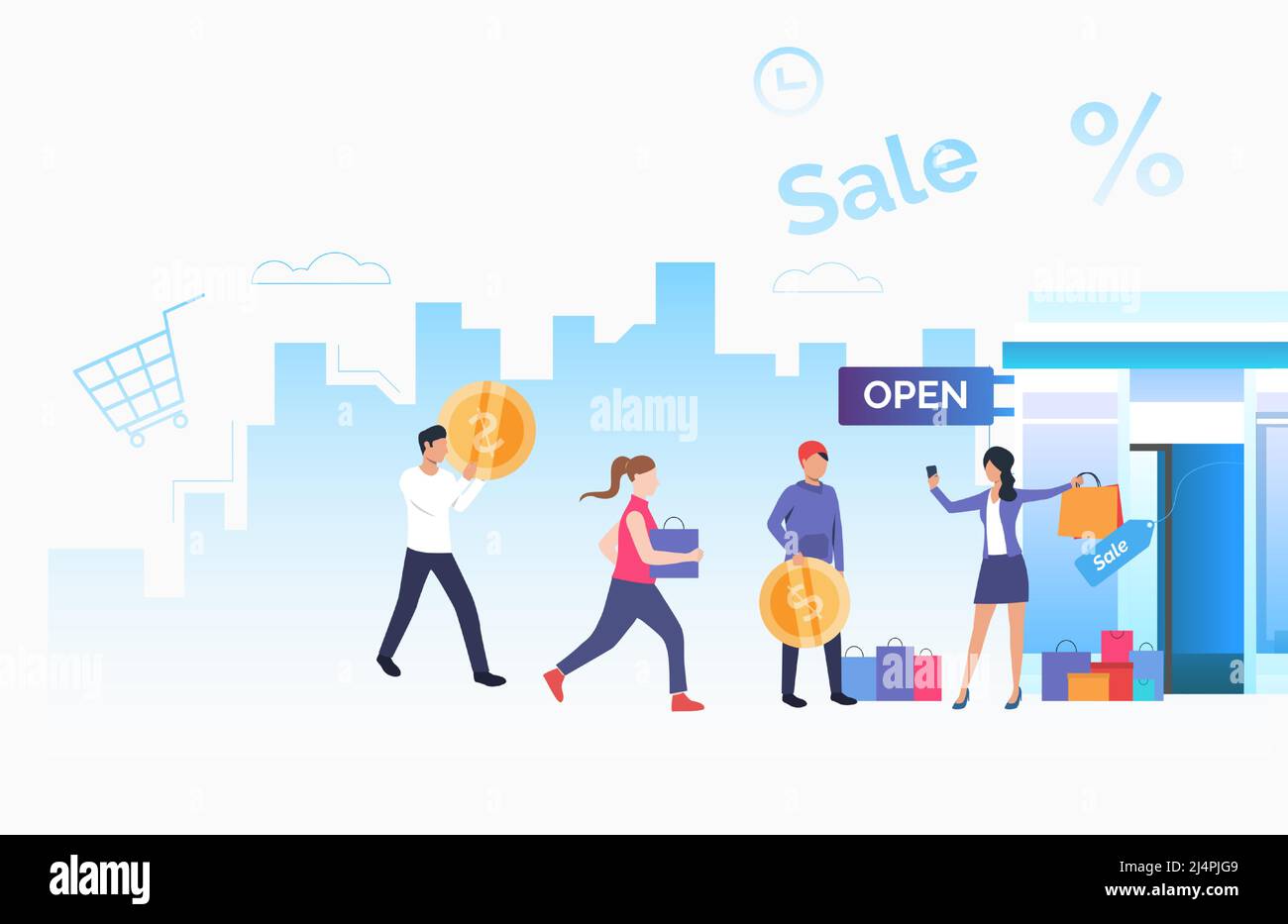 Le propriétaire du magasin invite les clients. Personnages de dessins animés masculins et féminins en cours d'ouverture du magasin. Illustration vectorielle pour les applications commerciales, promotionnelles et les petites entreprises Illustration de Vecteur