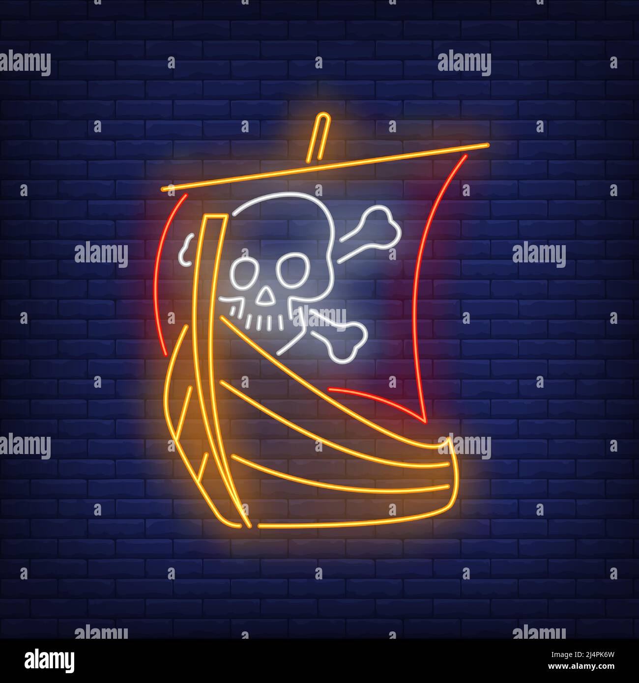 Bateau pirate avec crâne et os croisés sur panneau de néons de voile. Aventure, navire, conception de danger. Panneau néons lumineux de nuit, panneau d'affichage coloré, bannière lumineuse Illustration de Vecteur