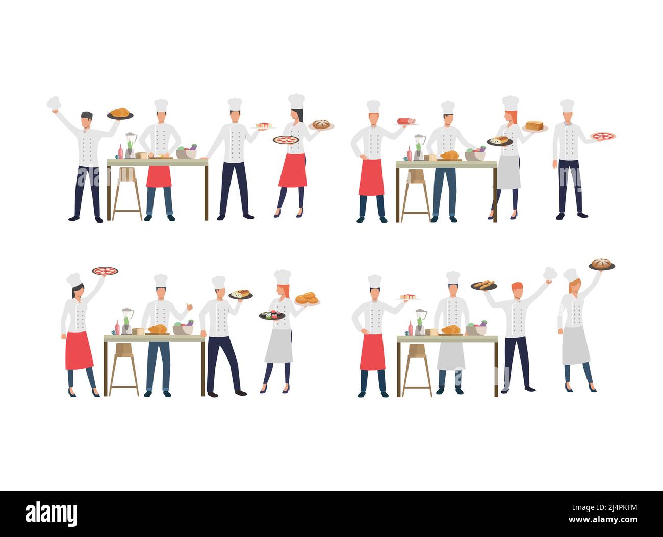 Ensemble de chefs avec divers plats. Personnages de dessins animés plats de cuisiniers créant de nouvelles recettes. Peut être utilisé pour le commerce, le restaurant, la brochure Illustration de Vecteur