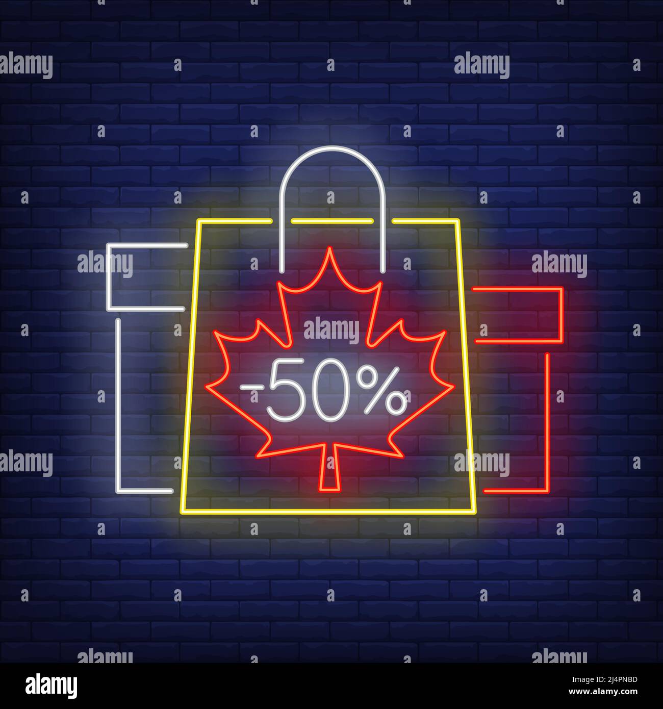 Moins cinquante pour cent de lettrage au néon avec des sacs et des boîtes de shopping. Remise, vente design. Panneau néons lumineux de nuit, panneau d'affichage coloré, bannière lumineuse. Vect Illustration de Vecteur