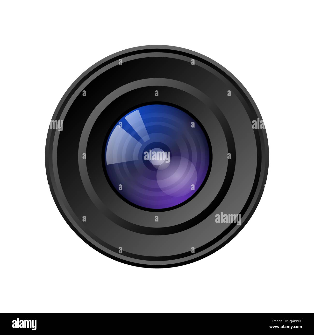 Objectif réaliste avec effet de lumière. Concept de l'ouverture et de la vitesse d'obturation de la photographie. Appareil photo reflex numérique ou sans miroir. Effet de verre bleu et violet. Vecteur Illustration de Vecteur