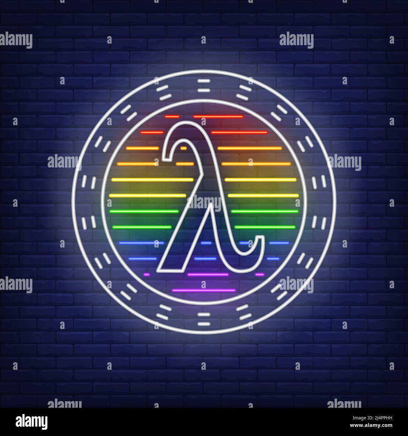 Lambda en cercle avec signe néon de couleurs LGBT. Libération gay, tolérance, conception de la discrimination. Panneau néons lumineux de nuit, panneau d'affichage coloré, lampe banne Illustration de Vecteur