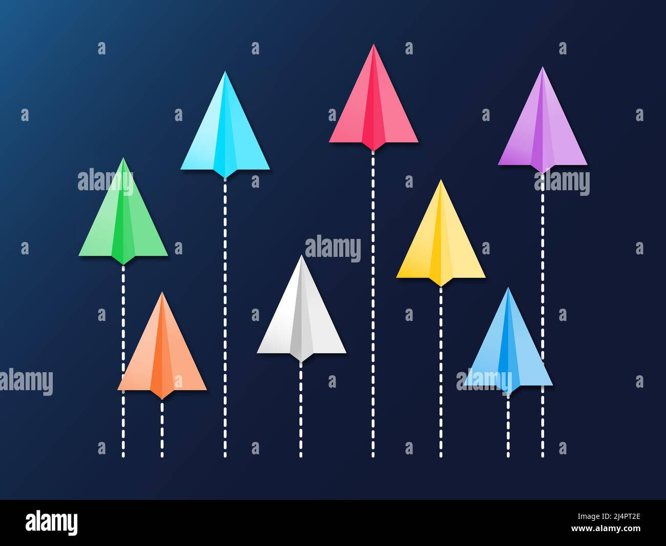 Illustration du vecteur de concept de diversité. Des avions en papier colorés volent de manière aléatoire, vu du haut sur fond bleu. Illustration de Vecteur