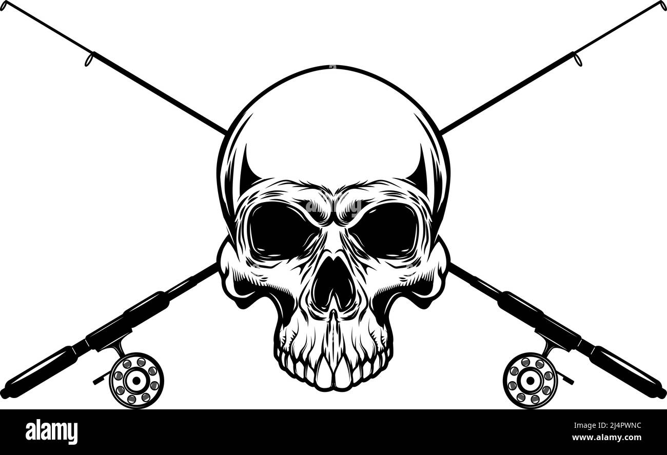 Crâne de pêcheur avec barres de pêche croisées. Élément design pour logo, emblème, affiche, affiche, t-shirt. Illustration vectorielle Illustration de Vecteur