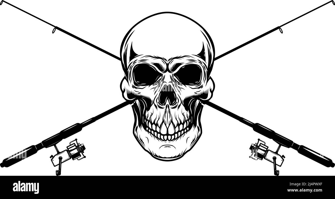 Crâne de pêcheur avec barres de pêche croisées. Élément design pour logo, emblème, affiche, affiche, t-shirt. Illustration vectorielle Illustration de Vecteur