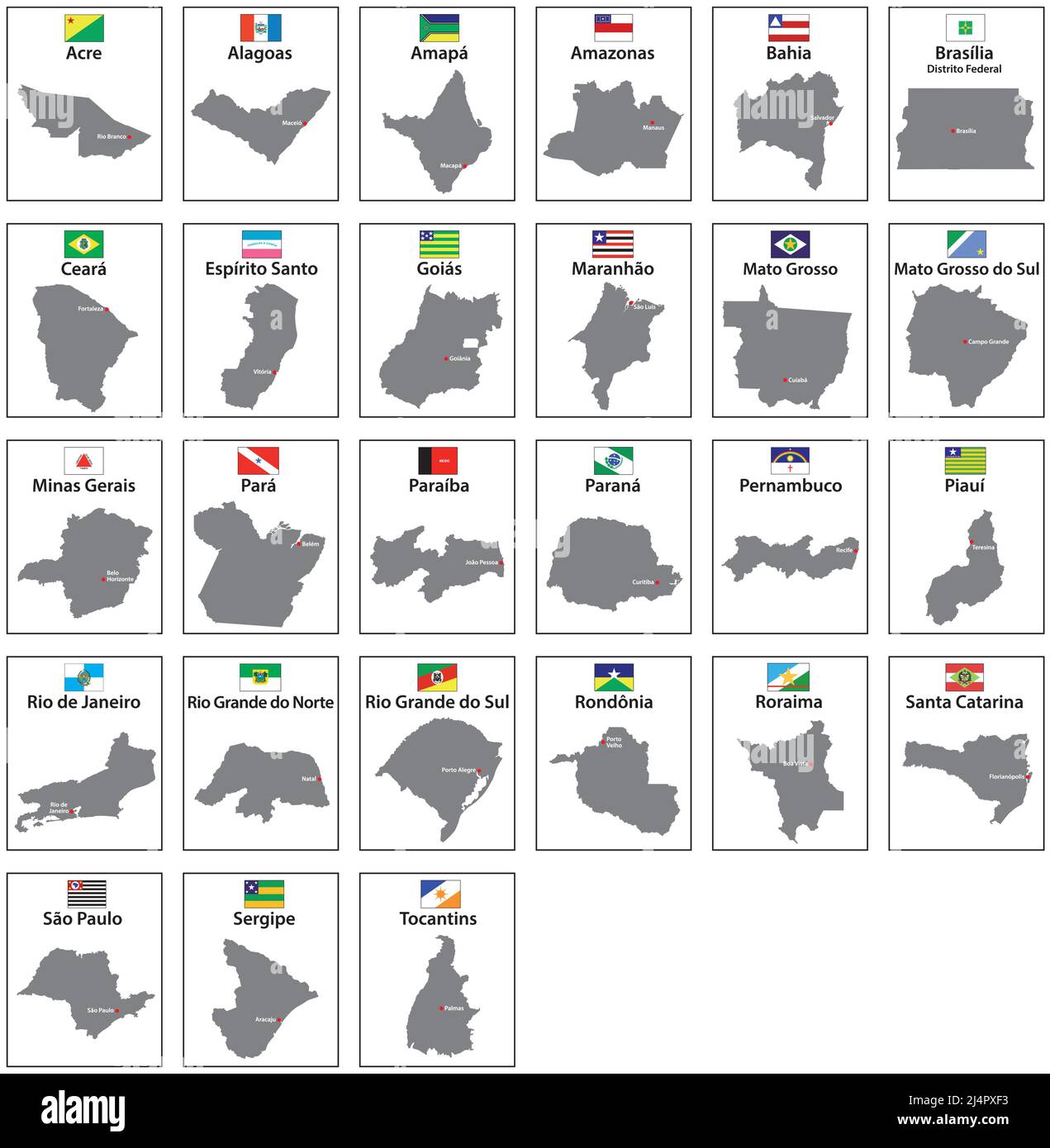 Cartes vectorielles avec drapeaux des 27 États du Brésil Illustration de Vecteur