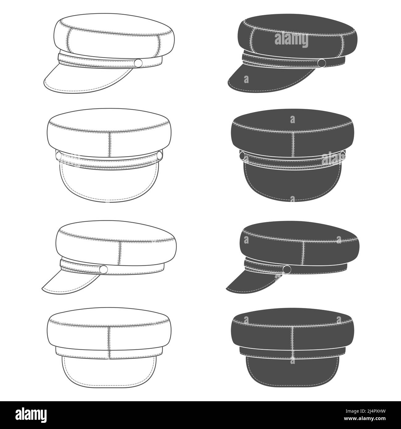 Jeu d'illustrations en noir et blanc avec chapeau à sommet, casquette de fourrage. Objets vectoriels isolés sur fond blanc. Illustration de Vecteur